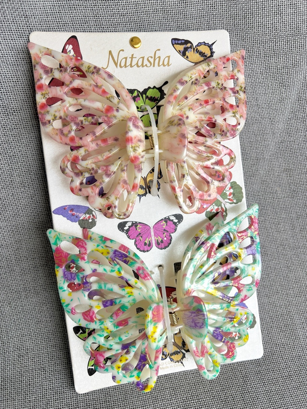 Natasha Large Butterflies floral claw jaw hair clip set of 2 pink green cream